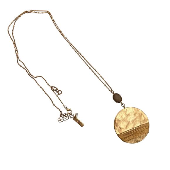 Jane Marie Brushed Gold Circle Pendant Wrapped Wire Gray Gemstone Long Necklace - Picture 1 of 9